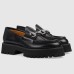 Gucci Womens Lug Sole Loafers in Black Leather with Crystals Horsebit