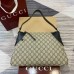 Gucci GG Emblem Medium Shoulder Bag in Beige GG Canvas with Black Leather