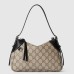 Gucci GG Emblem Small Shoulder Bag in Beige GG Canvas with Black Leather