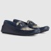 Gucci Mens Drive Loafers in Blue Leather and GG Supreme Canvas