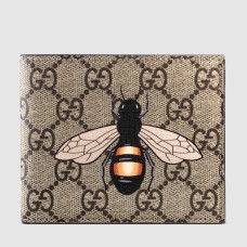 Gucci Bi-fold Wallet In Beige Bee Print GG Supreme Canvas