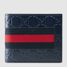Gucci Bi-fold Wallet In Blue Signature Leather with Web