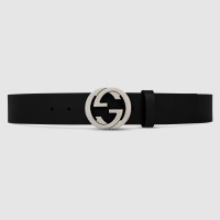 Gucci Black Leather Belt 38MM with Silver Interlocking G Buckle