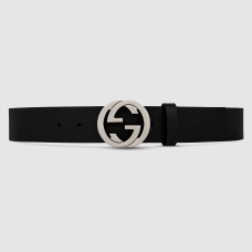 Gucci Black Leather Belt 38MM with Silver Interlocking G Buckle