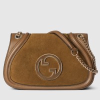 Gucci Blondie Small Shoulder Bag with Enamel G in Brown Suede Leather