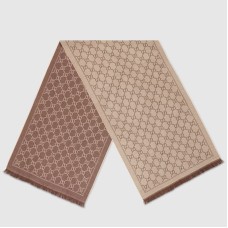 Gucci Double GG Jacquard Wool Scarf in Beige and Brown