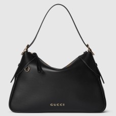 Gucci GG Emblem Medium Shoulder Bag in Black Calfskin