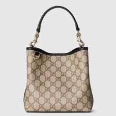 Gucci GG Emblem Mini Bucket Bag in Beige GG Canvas with Black Leather