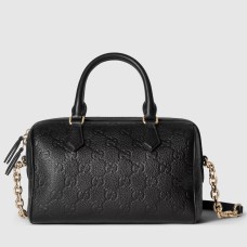 Gucci GG Emblem Small Top Handle Bag in Black GG Grainy Leather