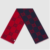 Gucci GG Jacquard Wool Silk Scarf in Blue and Red