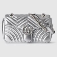 Gucci GG Marmont Small Shoulder Bag in Metallic Silver Leather