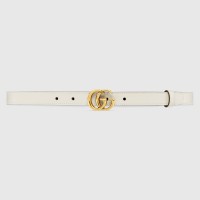 Gucci GG Marmont Thin Belt 20MM in White Leather with Shiny Buckle