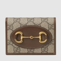 Gucci Horsebit 1955 Card Case Wallet in GG Supreme with Brown Leaher