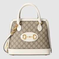 Gucci Horsebit 1955 Small Top Handle Bag in GG Canvas with White Leather