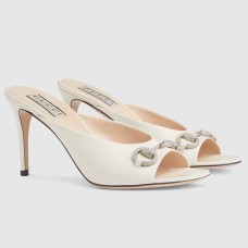 Gucci Horsebit Slide Sandals 85mm in White Leather with Crystals