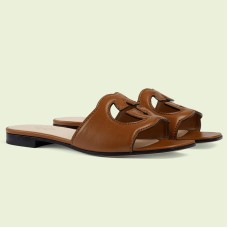 Gucci Interlocking G Cut-out Slide Sandals in Brown Leather