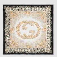 Gucci Interlocking G Floral Shawl in Black/Beige Cashmere