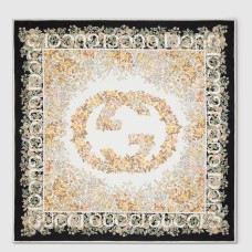 Gucci Interlocking G Floral Shawl in Black/Beige Cashmere