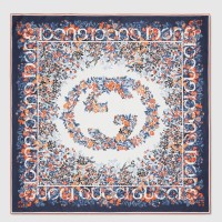 Gucci Interlocking G Floral Shawl in Blue Cashmere