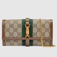 Gucci Jackie 1961 Chain Wallet in GG Canvas with Brown Leather