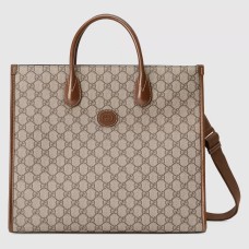 Gucci Medium Tote Bag in Beige GG Supreme Canvas with Brown Leather