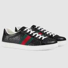 Gucci Men's Ace Sneakers in Black Signature Leather with Web