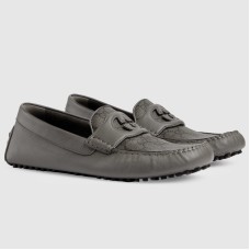 Gucci Men's Drive Loafers in Grey Leather and GG Supreme Canvas