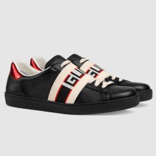 Gucci Men's Elastic Stripe Sneakers in Black Leather