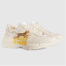 Gucci Men's Rhyton Sneakers in White Leather with Tiger Print