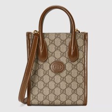 Gucci Mini Tote Bag in Beige GG Supreme Canvas with Brown Leather
