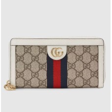 Gucci Ophidia Zip Around Wallet in Beige Canvas with White Leather