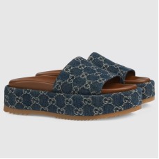 Gucci Platform Slide Sandals in Blue GG Denim
