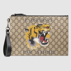 Gucci Portfolio Pouch in Beige GG Supreme with Tiger Print