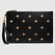 Gucci Portfolio Pouch in Black Leather with Bee and Star