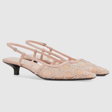 Gucci Slingback Pumps 35MM In Beige Mesh with GG Crystals