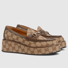 Gucci Women's Horsebit Wedge Loafers in Beige GG Canvas