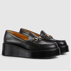 Gucci Women's Horsebit Wedge Loafers in Black Calfskin