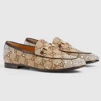 Gucci Women's Jordaan Loafers with Crystals in Beige GG Canvas