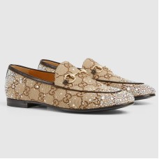 Gucci Women's Jordaan Loafers with Crystals in Beige GG Canvas