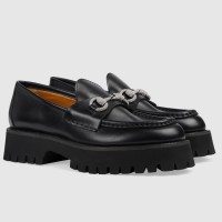 Gucci Women's Lug Sole Loafers in Black Leather with Crystals Horsebit