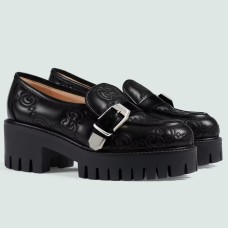 Gucci Women's Lug Sole Loafers in Black Matelasse Leather Leather
