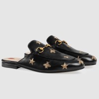 Gucci Women's Princetown Slippers in Black Leather with Bees and Stars