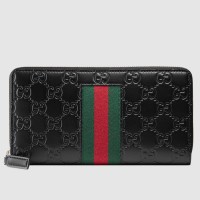 Gucci Zip Around Wallet in Black Signature Leather with Web