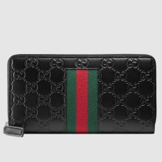 Gucci Zip Around Wallet in Black Signature Leather with Web